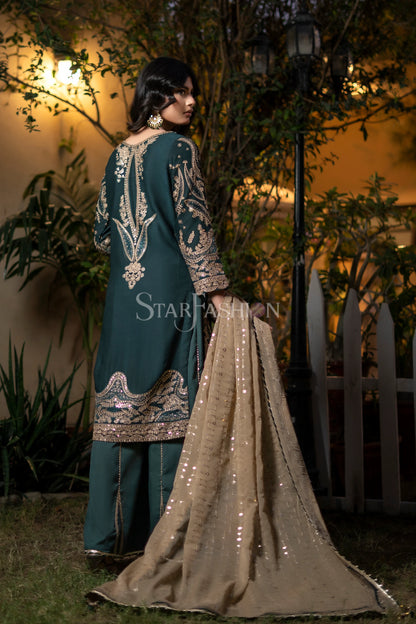 Embroidered bottle green chiffon dupatta from SF-1175 luxury pretwear set.