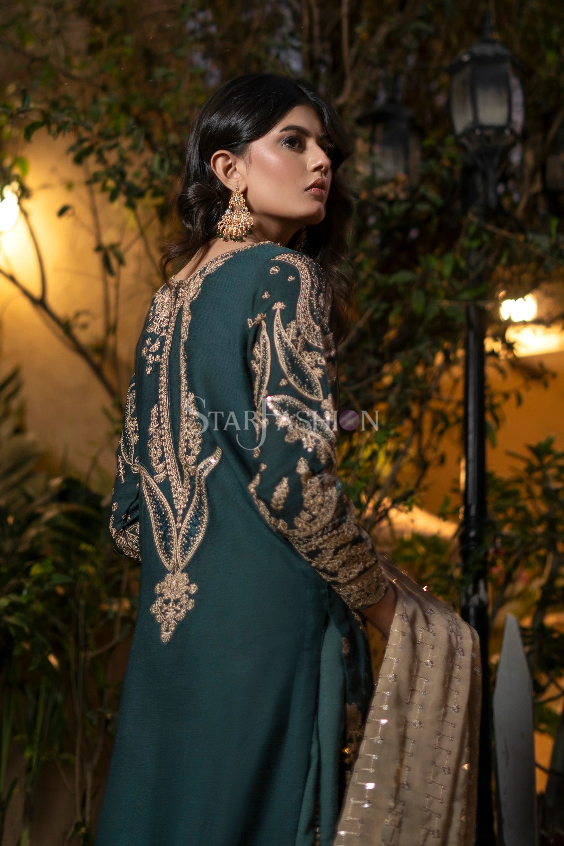 Bottle green silk palazzo trouser included with chiffon luxury suit – SF-1175.