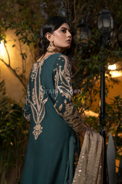 Bottle green silk palazzo trouser included with chiffon luxury suit – SF-1175.