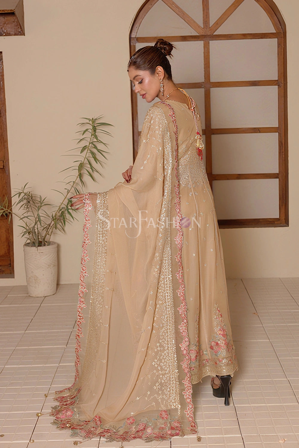 Fawn silk straight trouser paired with embroidered chiffon frock – SF-1193