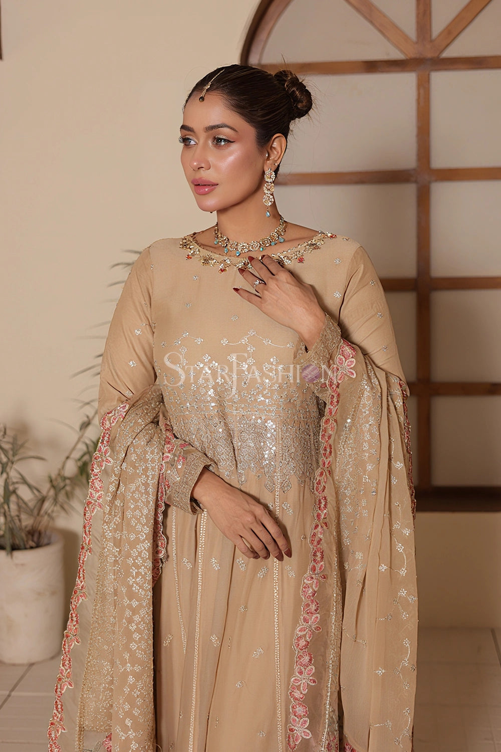 Fawn embroidered chiffon frock suit with chiffon dupatta – SF-1193