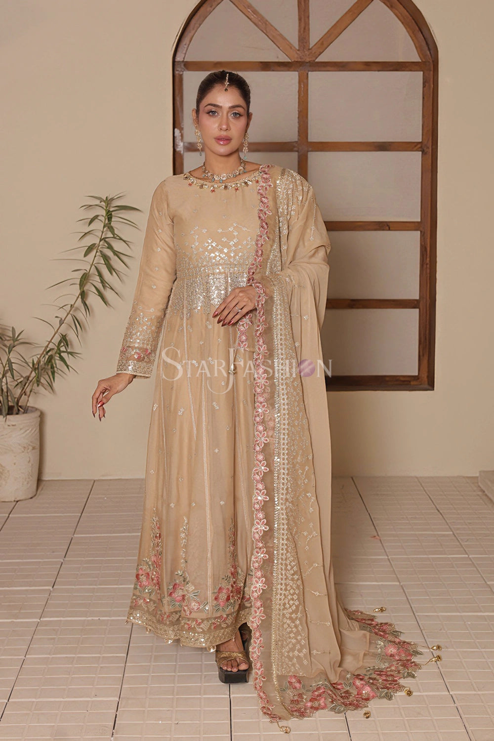 Embroidered fawn chiffon dupatta from luxury pret set – SF-1193.
