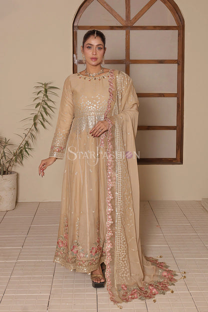 Embroidered fawn chiffon dupatta from luxury pret set – SF-1193.