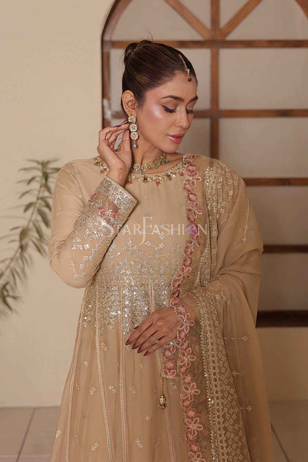 Close-up of embroidery on fawn chiffon frock – SF-1193