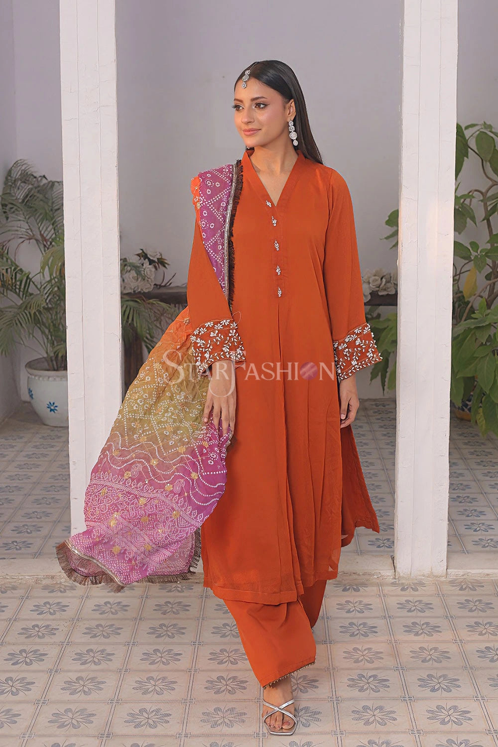 Rust chiffon embroidered 3-piece luxury pretwear suit with dupatta and farshi trouser – SF-2348.