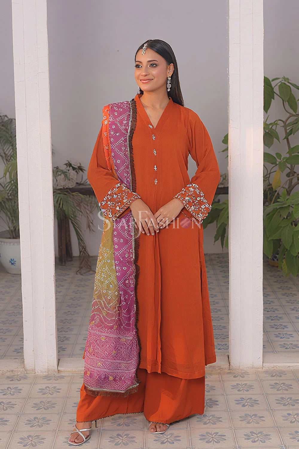 Rust embroidered chiffon frock suit with dupatta – SF-2348.