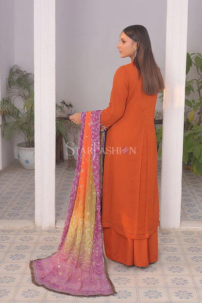 Rust chiffon farshi trouser paired with embroidered frock – SF-2348.