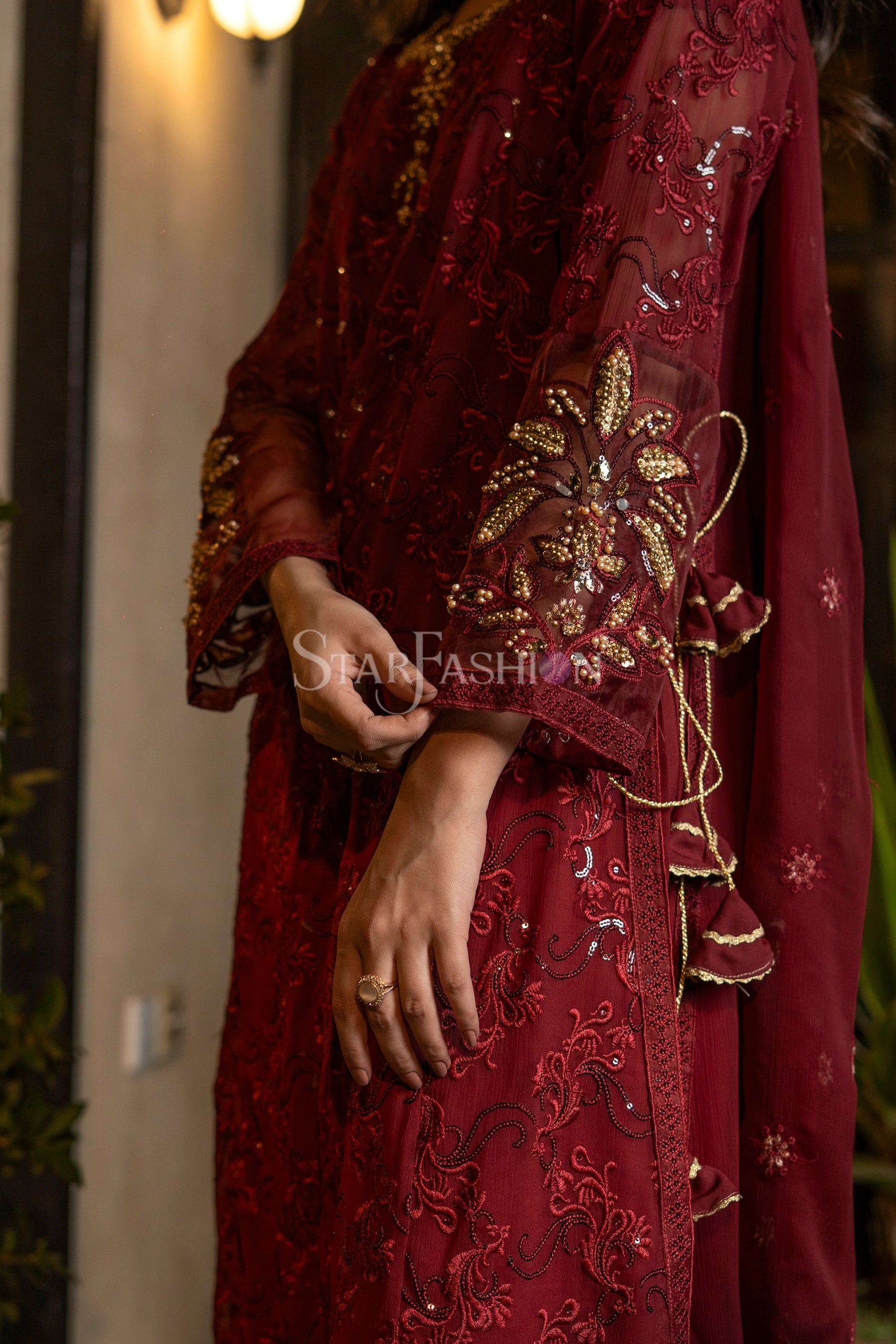 Maroon chiffon coat-style embroidered 3-piece luxury set with dupatta and silk trouser – SF-2424.