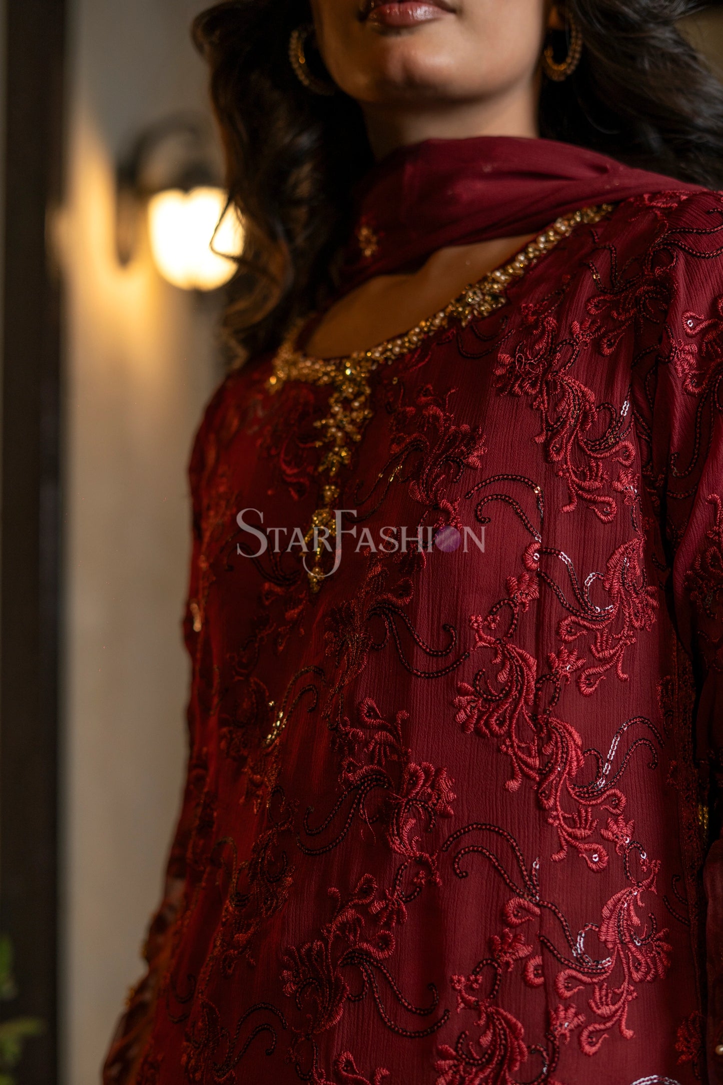 Close-up of maroon embroidered chiffon coat-style shirt – SF-2424.