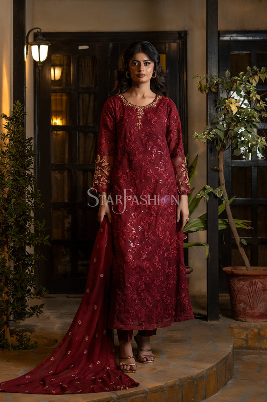 Maroon chiffon coat-style embroidered suit front view – SF-2424.