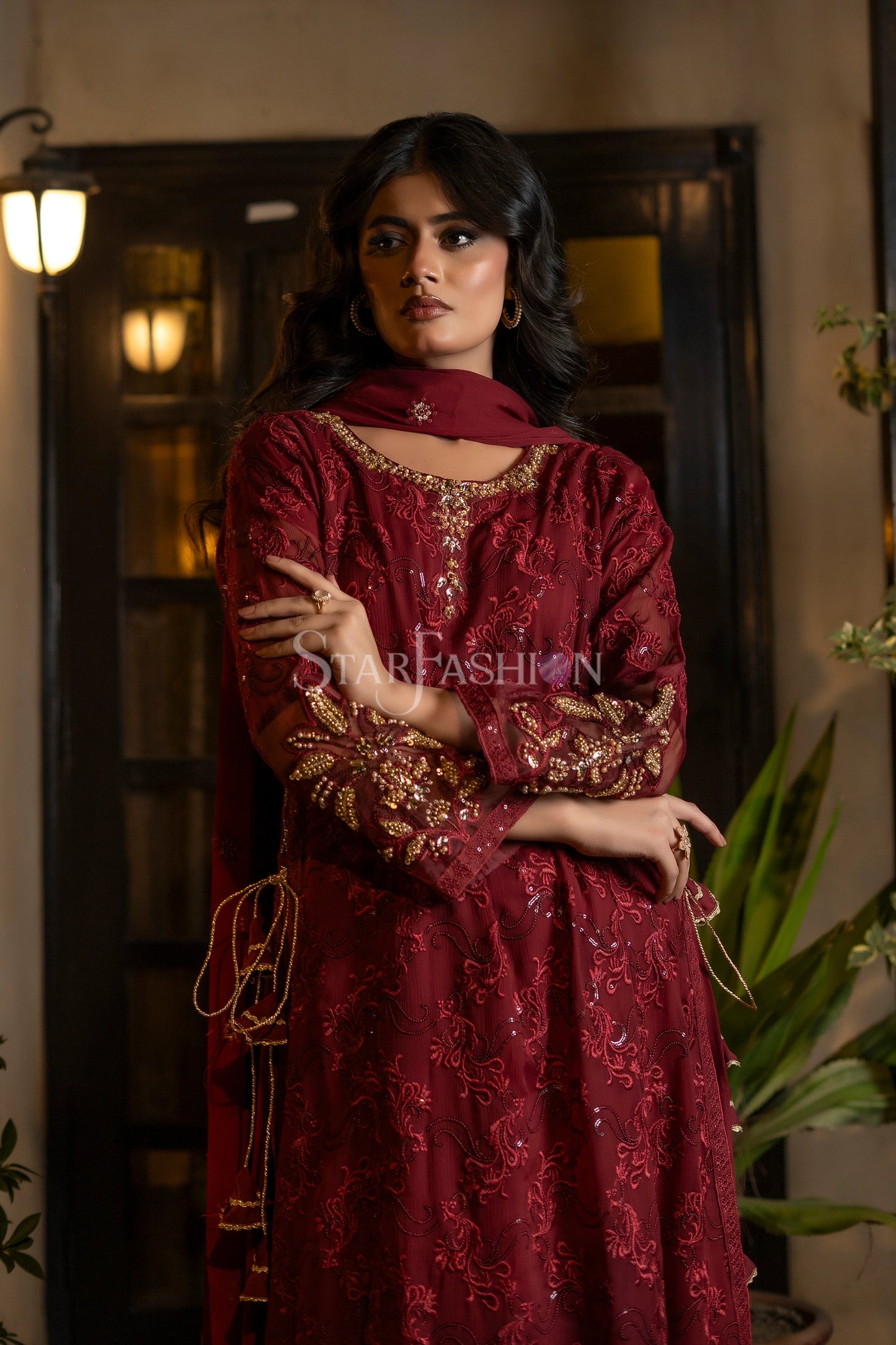 Side view of maroon chiffon coat-style embroidered shirt – SF-2424.