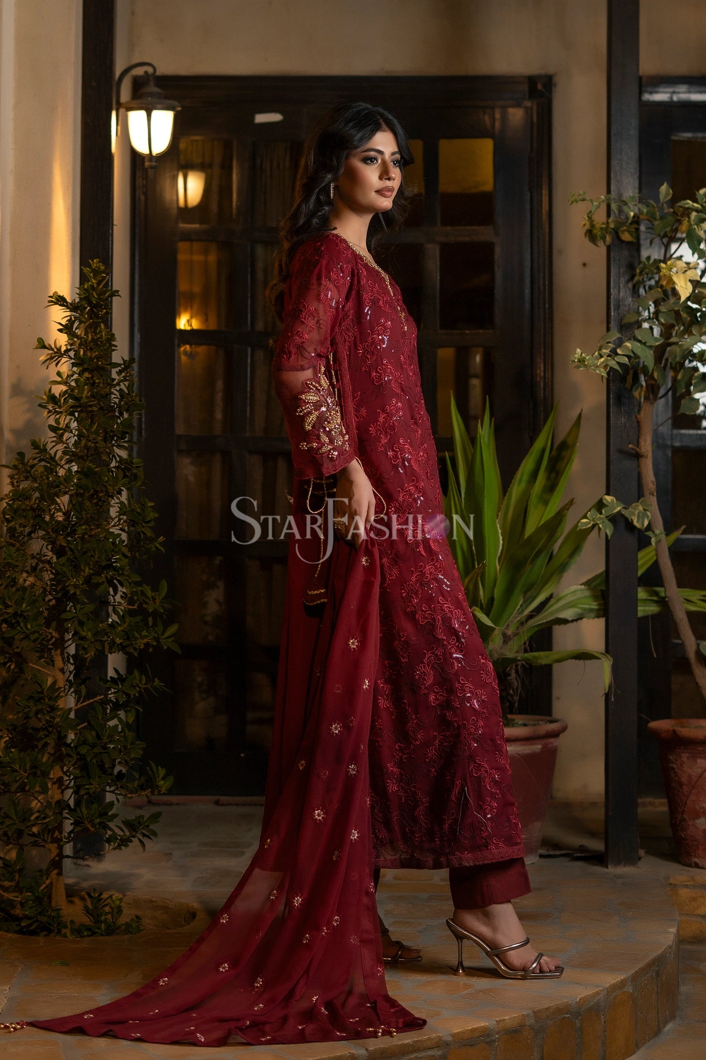 Maroon embroidered chiffon coat-style shirt – SF-2424.
