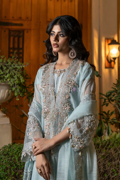 Texture and embroidery close-up of sky blue khaddi net fabric – SF-2426.