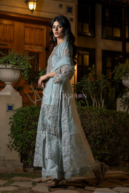 Embroidery detail on sky blue khaddi net coat-style shirt – SF-2426.
