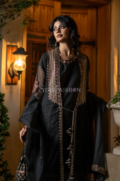 Close-up of black khaddi net coat-style embroidered shirt – SF-2427