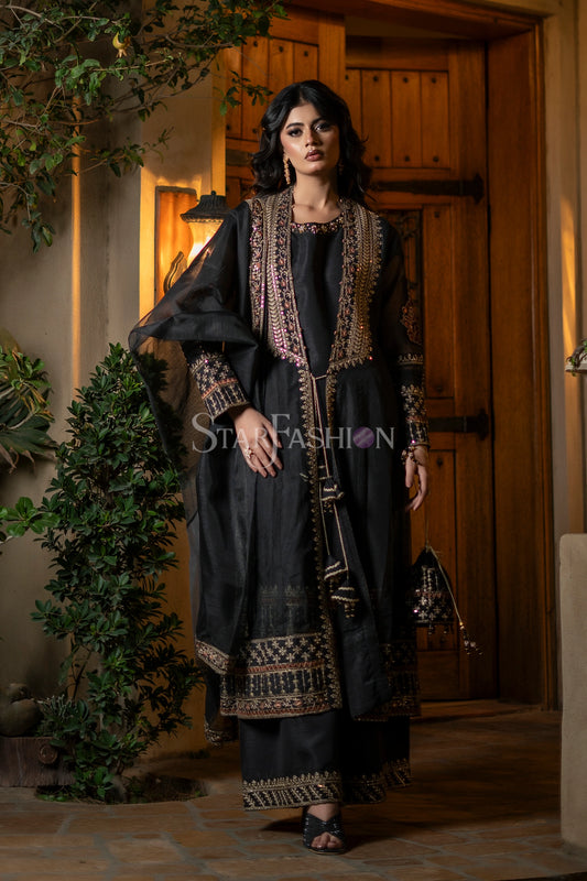 Black khaddi net coat-style embroidered suit front view – SF-2427