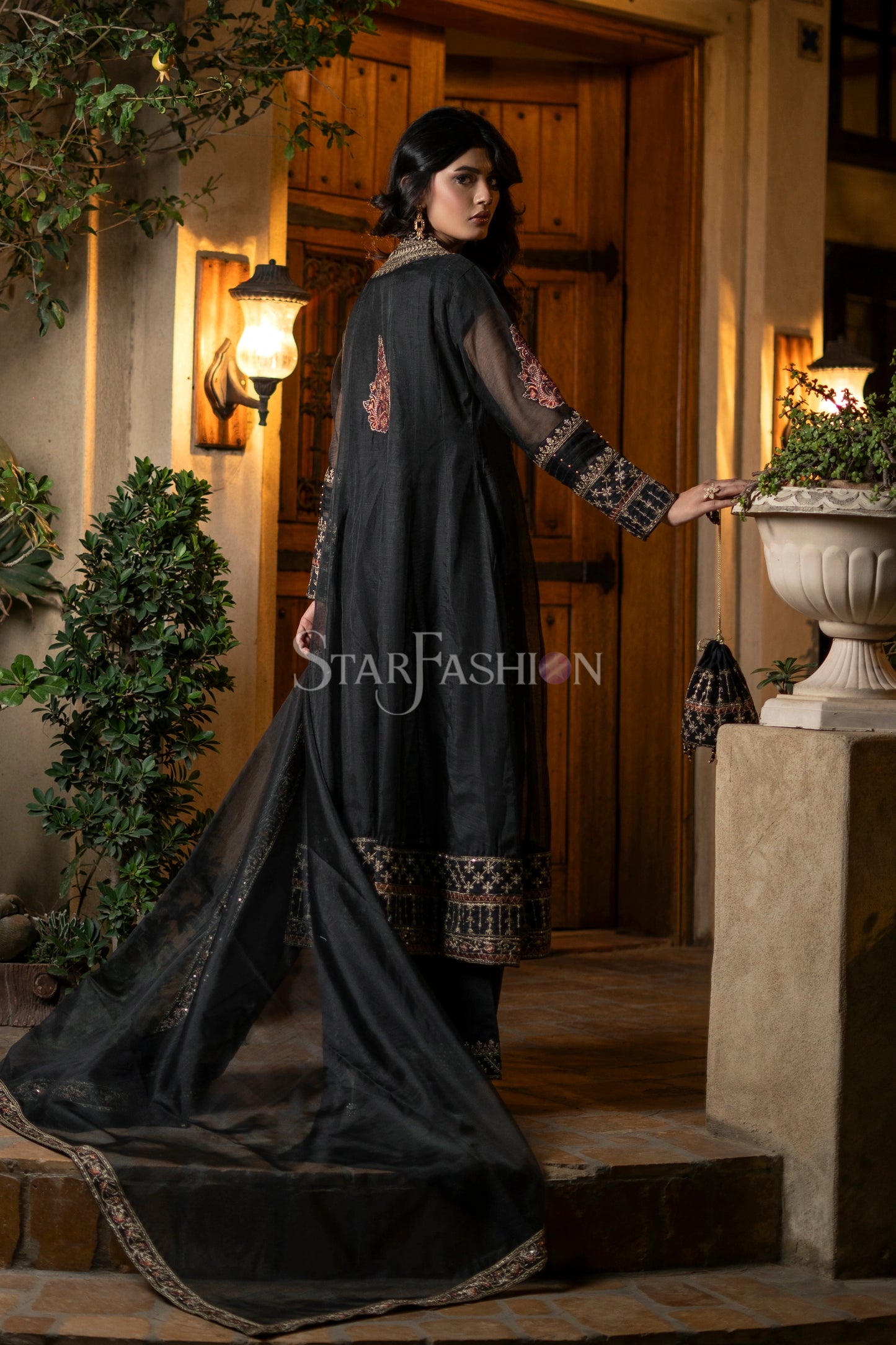 Black raw silk embroidered straight trouser paired with coat-style suit – SF-2427