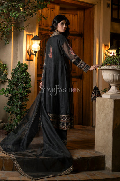 Black raw silk embroidered straight trouser paired with coat-style suit – SF-2427