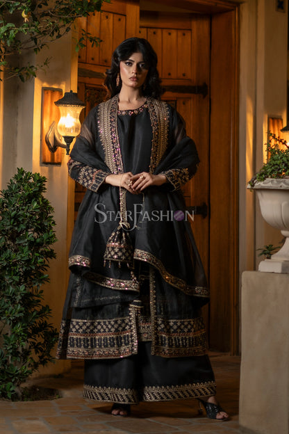 Black khaddi net embroidered 3-piece suit with dupatta and raw silk trouser – SF-2427