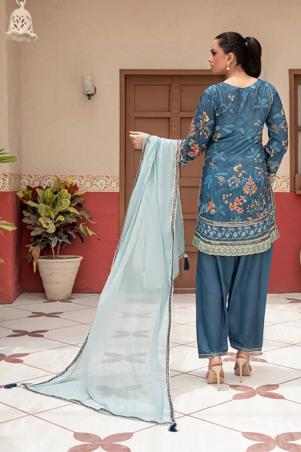 Steel blue printed 3-piece Pakistani stitched suit featuring a Bana Dora short kurta, matching Bana Dora shalwar, and chiffon dupatta