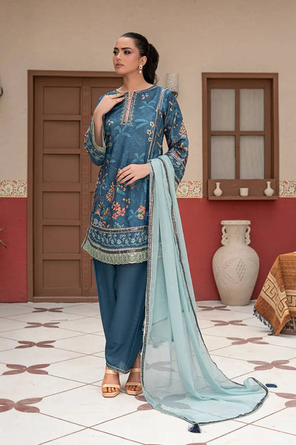 Steel blue printed 3-piece Pakistani stitched suit featuring a Bana Dora short kurta, matching Bana Dora shalwar, and chiffon dupatta