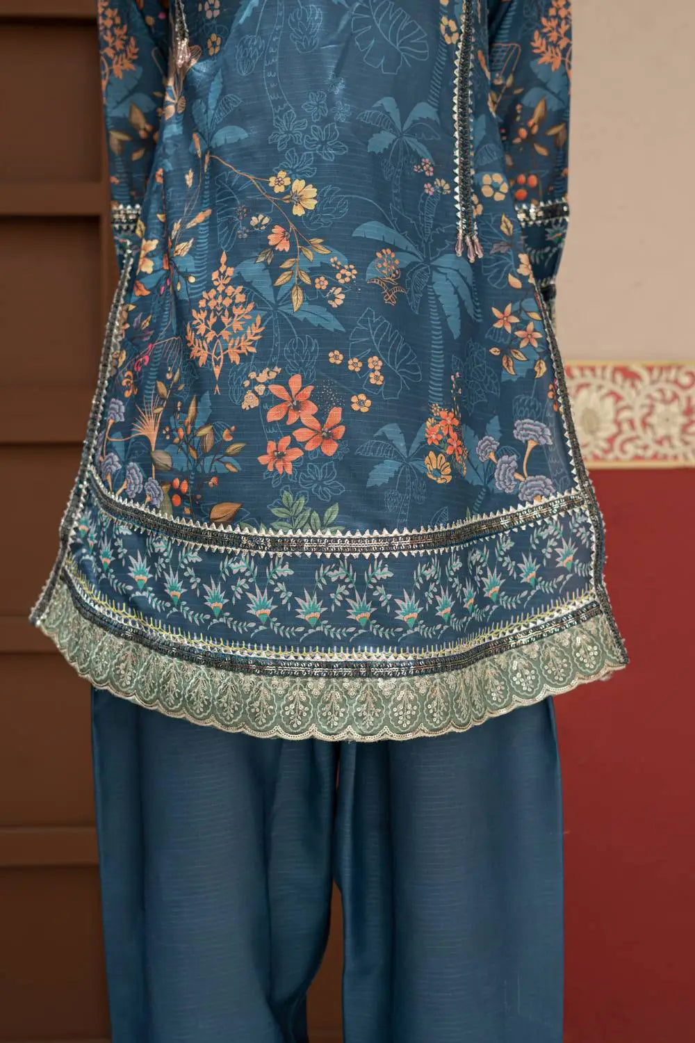 Steel blue printed 3-piece Pakistani stitched suit featuring a Bana Dora short kurta, matching Bana Dora shalwar, and chiffon dupatta
