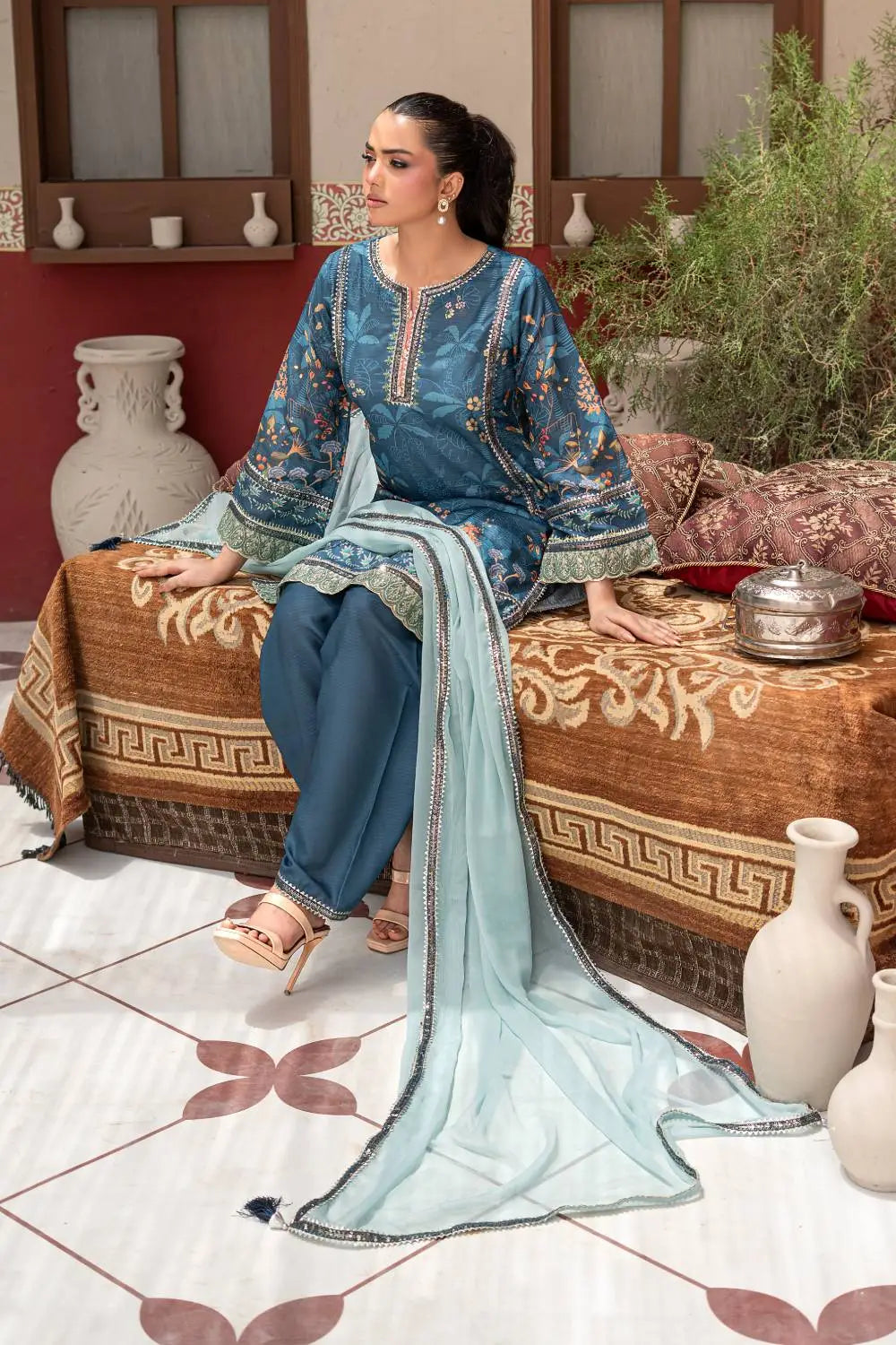 Steel blue printed 3-piece Pakistani stitched suit featuring a Bana Dora short kurta, matching Bana Dora shalwar, and chiffon dupatta