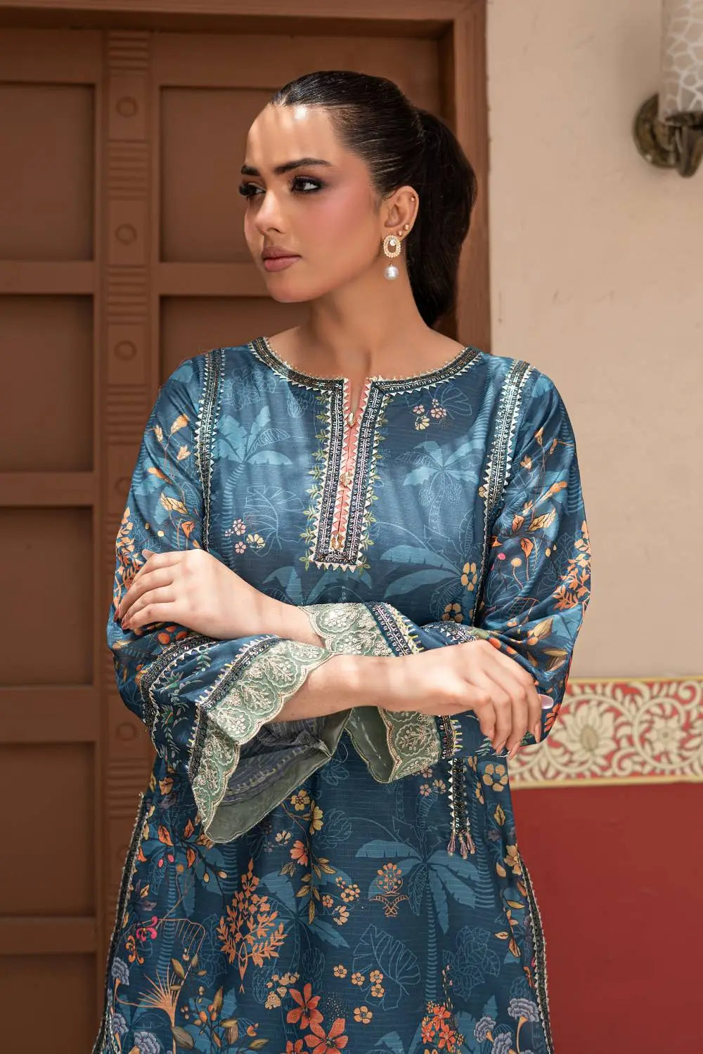 Steel blue printed 3-piece Pakistani stitched suit featuring a Bana Dora short kurta, matching Bana Dora shalwar, and chiffon dupatta