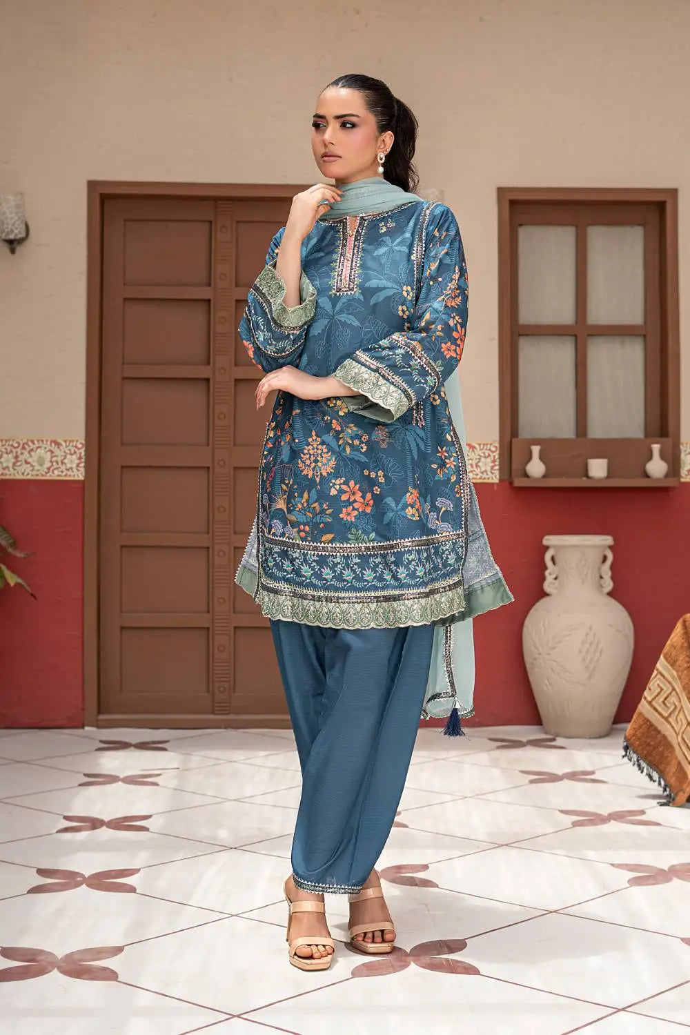 Steel blue printed 3-piece Pakistani stitched suit featuring a Bana Dora short kurta, matching Bana Dora shalwar, and chiffon dupatta