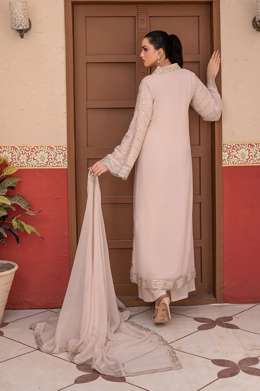 Taupe embroidered 3-piece Pakistani suit featuring a long chiffon kaftan with full lining, crepe palazzo trousers, and a matching chiffon dupatta.