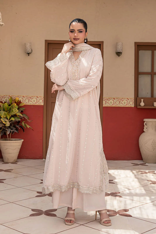 Taupe embroidered 3-piece Pakistani suit featuring a long chiffon kaftan with full lining, crepe palazzo trousers, and a matching chiffon dupatta.