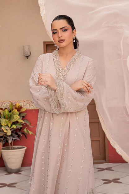 Taupe embroidered 3-piece Pakistani suit featuring a long chiffon kaftan with full lining, crepe palazzo trousers, and a matching chiffon dupatta.