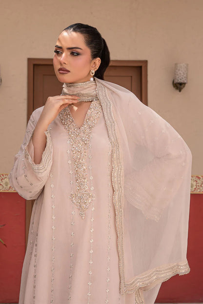 Taupe embroidered 3-piece Pakistani suit featuring a long chiffon kaftan with full lining, crepe palazzo trousers, and a matching chiffon dupatta.