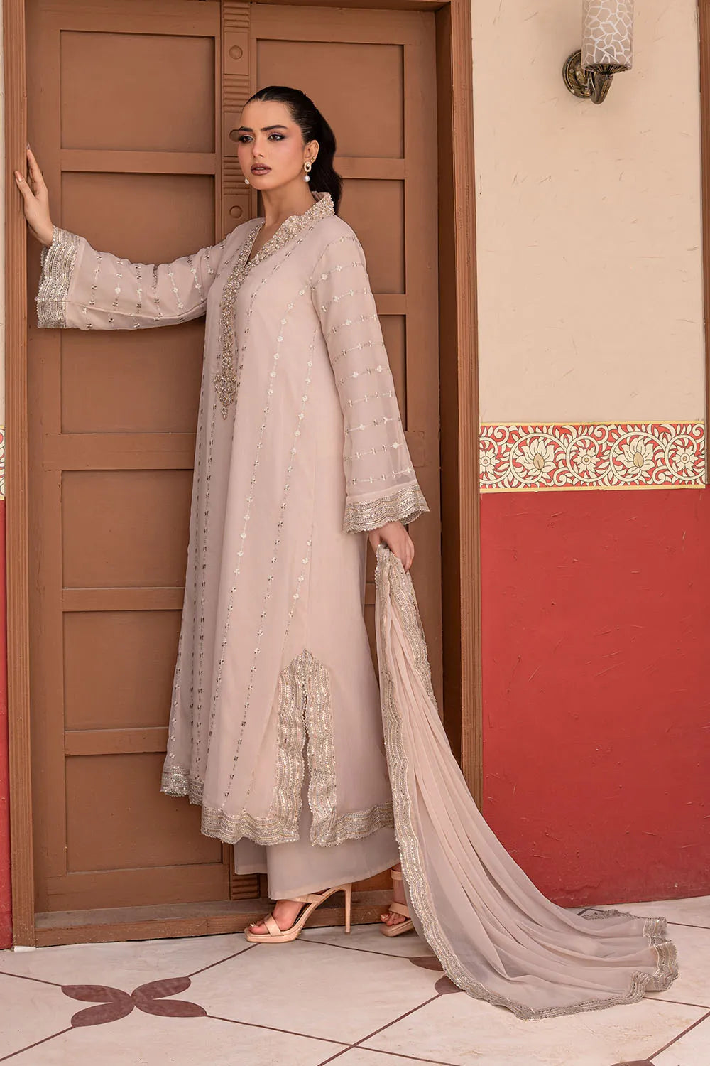 Taupe embroidered 3-piece Pakistani suit featuring a long chiffon kaftan with full lining, crepe palazzo trousers, and a matching chiffon dupatta.