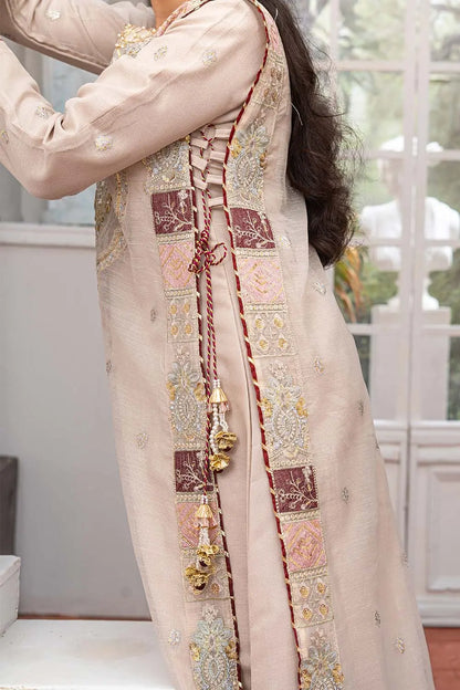 Taupe embroidered 4-piece Pakistani suit featuring a side dori style Khaddi Net overcoat with full lining, raw silk palazzo trousers, and a matching Khaddi Net dupatta.