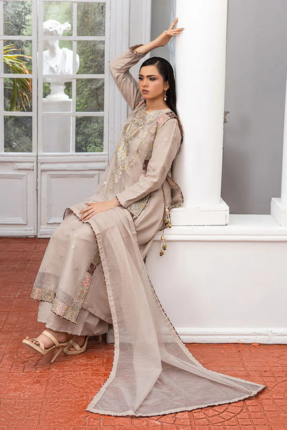 Taupe embroidered 4-piece Pakistani suit featuring a side dori style Khaddi Net overcoat with full lining, raw silk palazzo trousers, and a matching Khaddi Net dupatta.